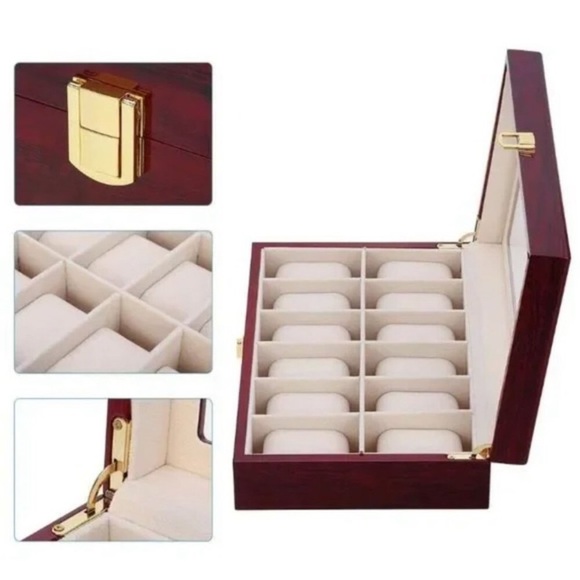 Cherry Watch Display Box, 12 Compartment Glass Top - Picture 4 of 9